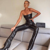 PU Leather Strapless Crop Top and Long Pants 2 Piece Set